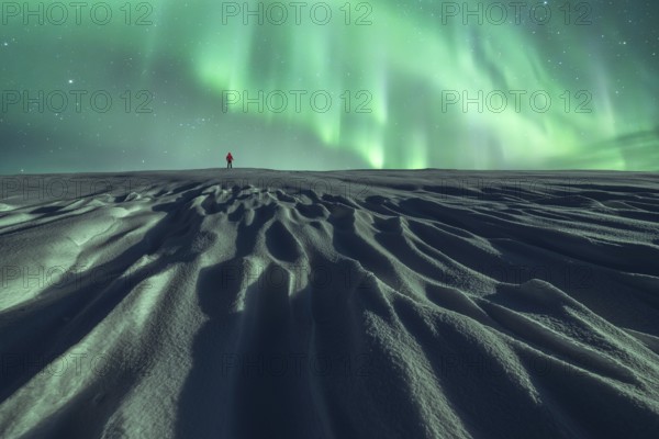Unrecognizable person in red walks alone under the Northern lights on a snowy landscape at night,