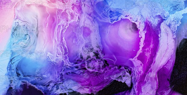 This abstract artwork displays a stunning blend of blue, pink, and purple hues, creating a liquids,