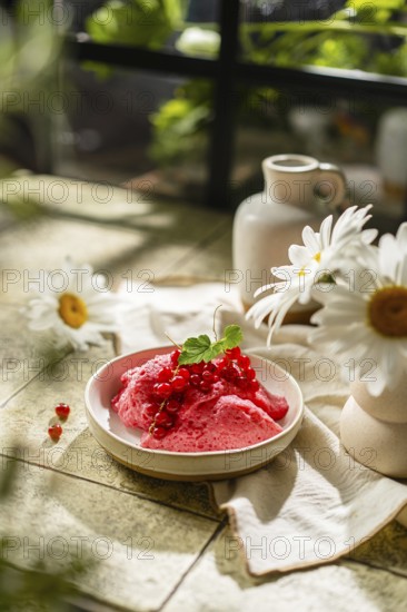 From above a homemade pink berry mousse topped with fresh red currants and green leaves, elegantly
