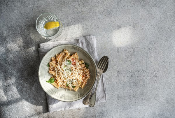 A delectable plate of cavatappi pasta topped with fresh basil, cheese and spicy tomato sauce