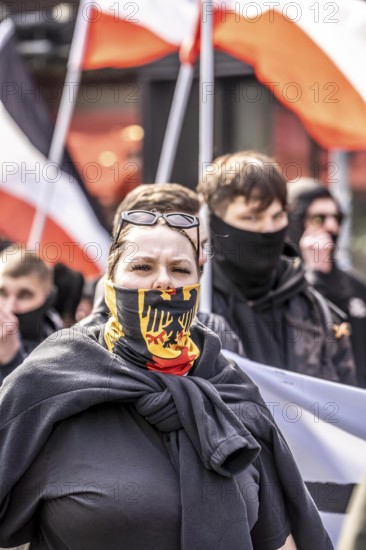 The neo-Nazi group Jung und Stark, JS, demonstrates in the city centre of Essen, demanding the