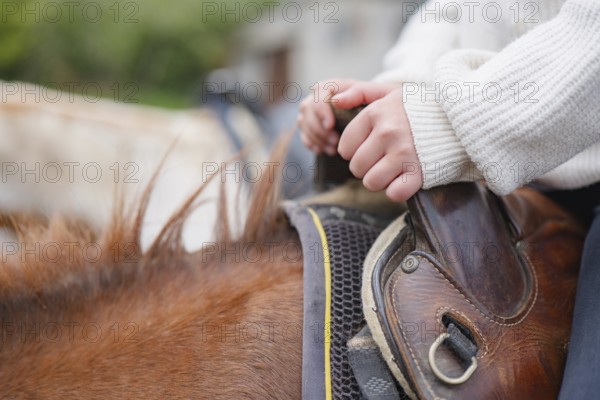 A young rider firmly grips a horse's saddle, illustrating a sense of focus and connection during a