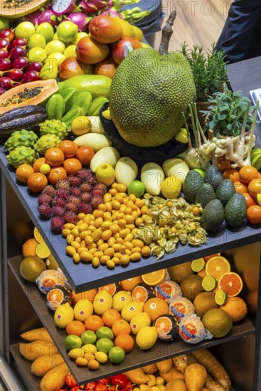 Exotic fruits, lychee, jackfruit, dragon fruit, mango and citrus fruits presented on a table,