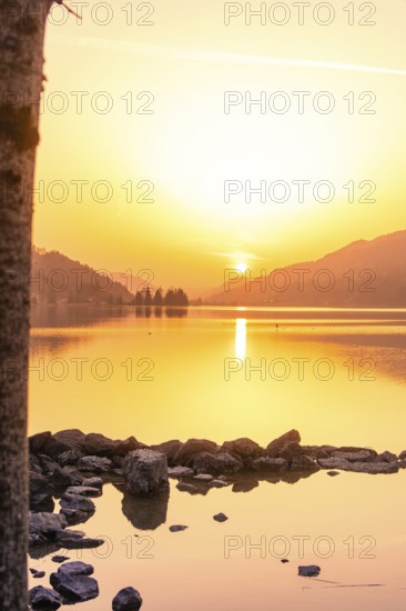 Sunset over a quiet lake with reflections and surrounding mountains, Großer Alpsee, Immenstadt im