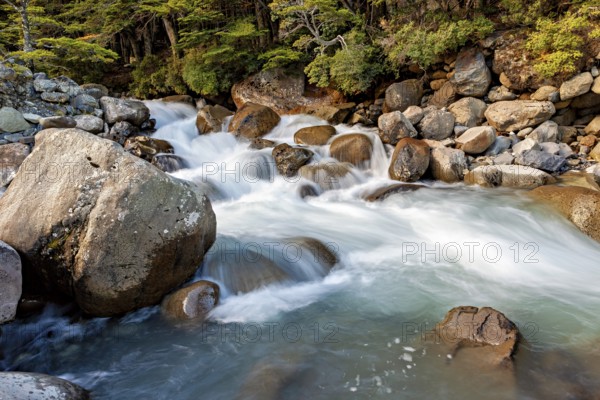 A small waterfall flows rapidly over large rocks in a forested area, mountain stream and white