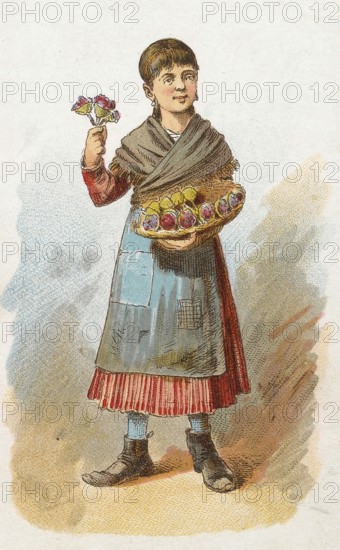 Viennese types by Ladislav Eugen Petrovits (1839, 1907), painter from Austria. Flower girl, girl