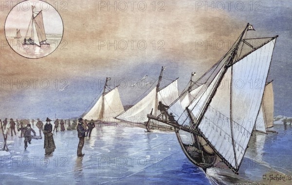 Iceboat sailing on the Baltic Sea, Germany, coloured wood engraving, reproduction of an original