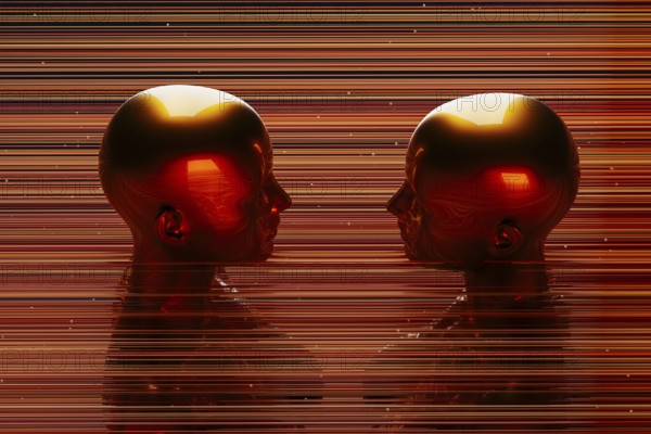 Two metal humanoids stand between illuminated lines representing the concept of artificial