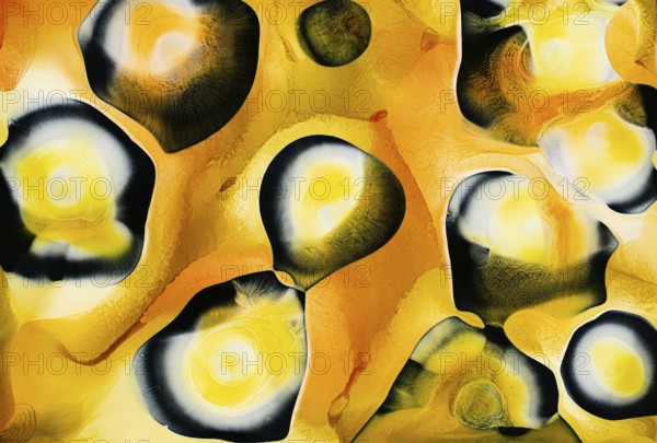 Dynamic abstract design featuring yellow and black liquids shapes with smooth textures. Bright and