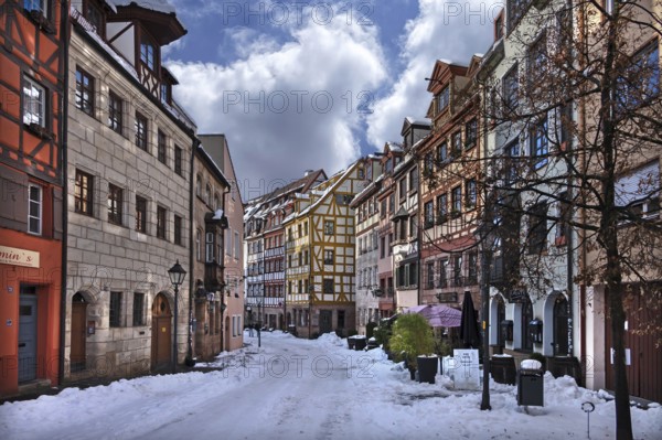 Historic half-timbered houses in Weißgerbergasse in winter, Nuremberg, Middle Franconia, Bavaria,