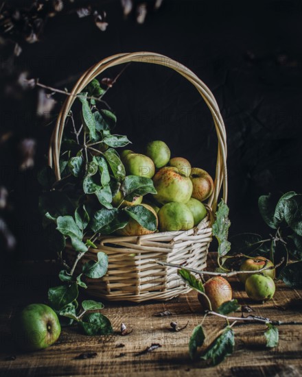A rustic wicker basket filled with fresh green apples sits on a wooden table. Surrounded by leaves