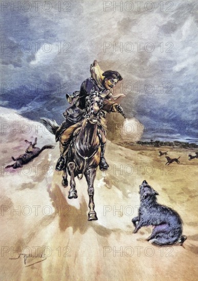 Russian Wolf mail courier is attacked by wolves and shoots at the animals with a pistol, coloured