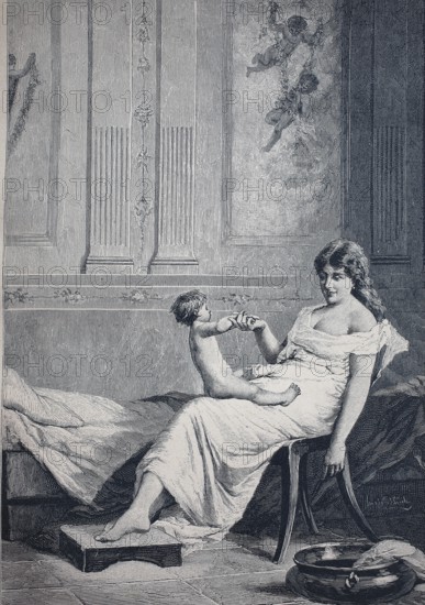 In the morning, mother with her baby in the bedroom, 1890, Germany, digital reproduction of an