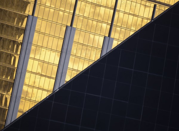 A visually striking composition of modern architecture in Las Vegas. The image features contrasting