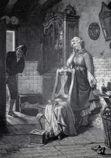 Hidden The daughter of the house hides behind the closet to tease her lover, 1890, illustration,