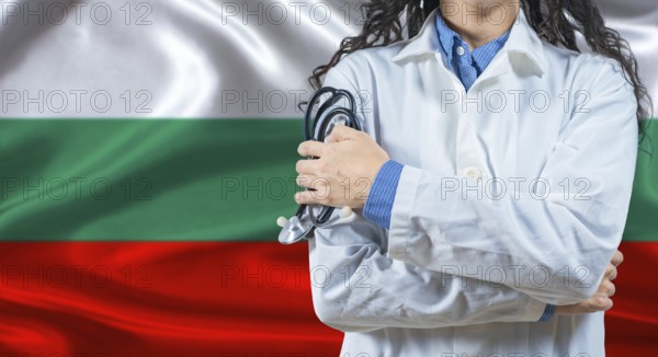 Healthcare professional with Bulgaria flag background. Professional doctor holding stethoscope on