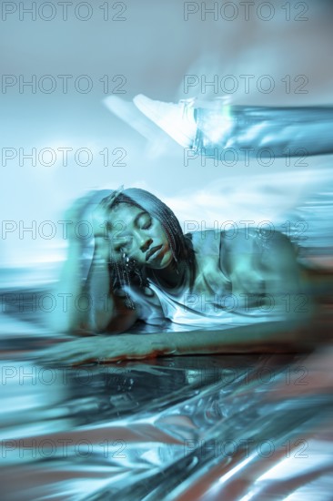 A futuristic African young woman immersed in the digital metaverse, showcasing a blend of