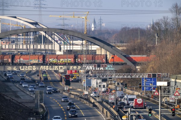 Traffic jam on the A43 motorway near Herne, heading north, in front of the barrier system, the