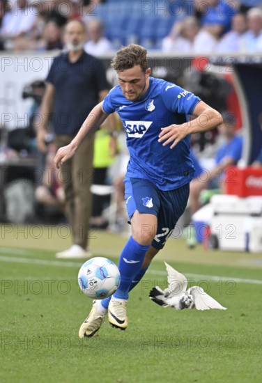 White pigeon on the pitch, grass, being harassed by Jacob Bruun Larsen TSG 1899 Hoffenheim (29)