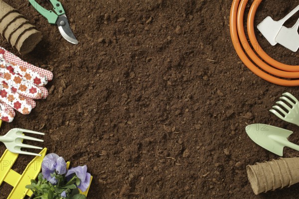 Various gardening tools and essentials, including gloves, a hose, and shovels, arranged on rich,
