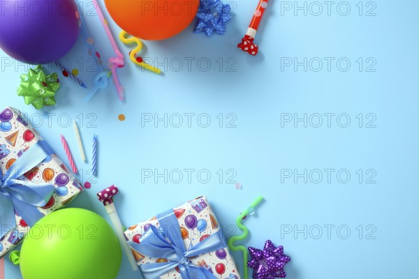 Bright birthday party decorations on blue background. Happy Birthday greeting card template. Flat