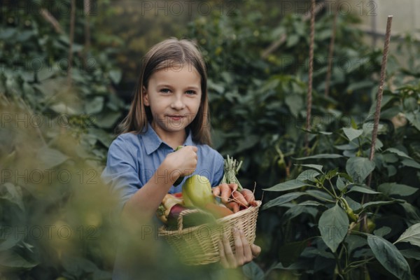 A young girl in a blue shirt joyfully holds a basket filled with freshly harvested vegetables,