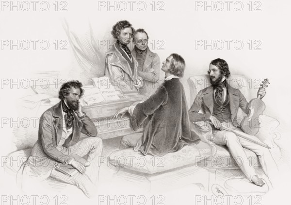 A matinee at Liszt's, 1846, from left, musicians and composers Kriehuber, Hector Berlioz, Carl