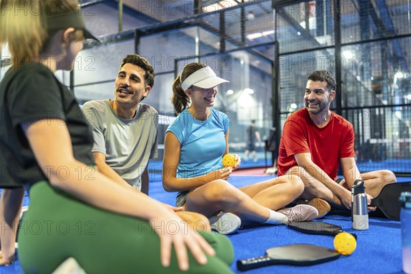 Group of diverse friends taking a break on an indoor pickleball court, smiling and having a social