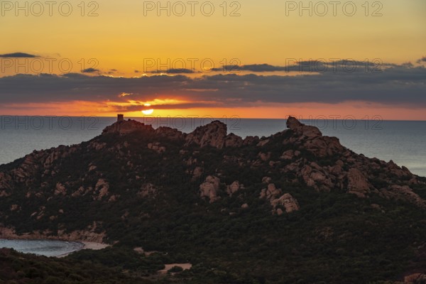 Sunset at the Genoese Tower of Roccapina in southwestern Corsica, France