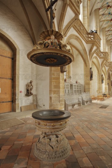 Interior view with baptismal font of the Romanesque Cathedral of St. Mary, Freiberg, Saxony,