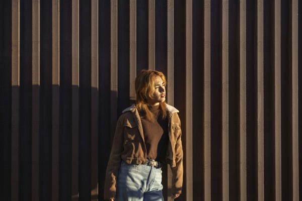 A Mixed-race woman stands against a vertical wooden wall, basking in warm sunlight She wears a