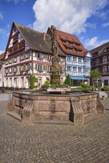 Market fountain with half-timbered houses in Gengenbach, Black Forest, Ortenaukreis,