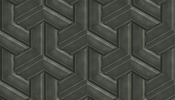 This 3D illustration showcases a mesmerizing hexagon stripes pattern with deep green tones. The