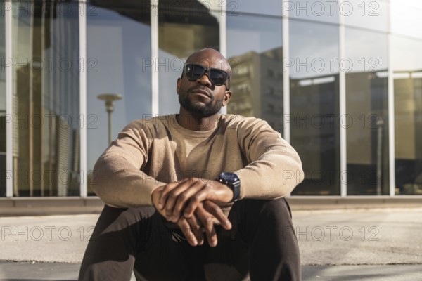 A confident cuban man wearing sunglasses and a casual beige sweater sits outdoors against a modern