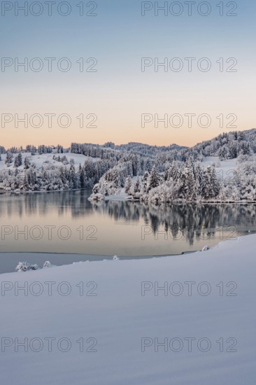 Dawn and sunrise at the wintry Forggensee in a snow-covered winter landscape in the foothills of