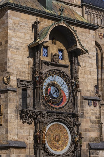 Detailed view of Prague's iconic astronomical clock showcasing intricate medieval craftsmanship and