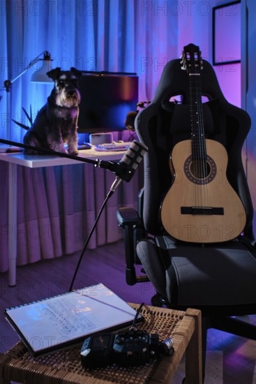 A cozy home studio with a guitar on a chair, a dog on the desk, and ambient purple and blue
