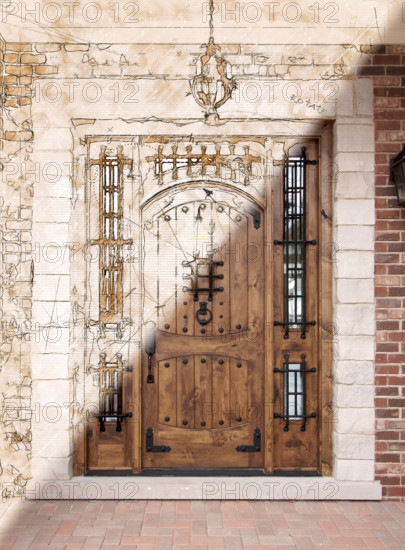 Artist Rendering Sketch of Beautiful Luxury Residential Front Door with Photographic Cross Section
