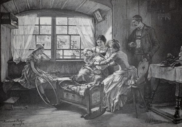 Visiting the mother with her newborn. The guests admire the baby they have lifted from the cradle,
