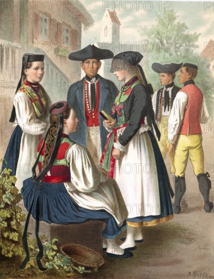 Traditional costumes in Germany around 1820, Württemberg, Betzingen, group of people in traditional
