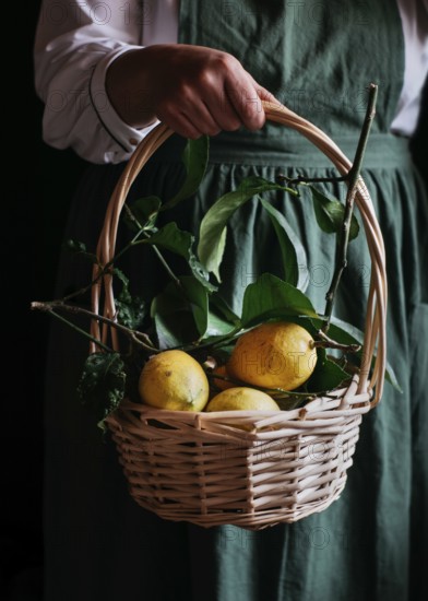 A close up of a wicker basket filled with fresh, ripe lemons, held by a person wearing a green