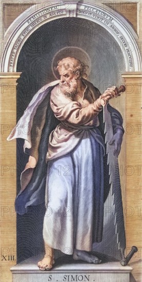 Simon Zelotes, was an apostle of Jesus Christ, saint, St. Simon, coloured woodcut, digital