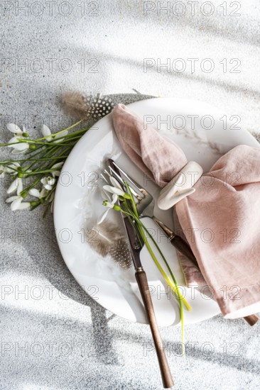 From above, an elegant spring-themed table setting featuring fresh snowdrops arranged on a white