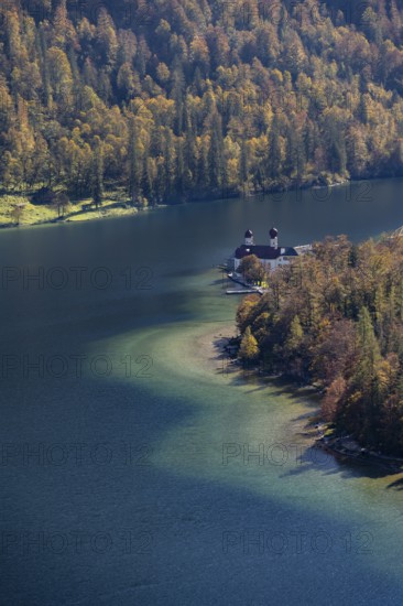 Königssee and St. Bartholomä pilgrimage church, view from the Rinnkendlsteig mountain hiking trail,