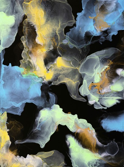 Vibrant swirls of neon blue, yellow, and green blend into organic shapes on a dark black