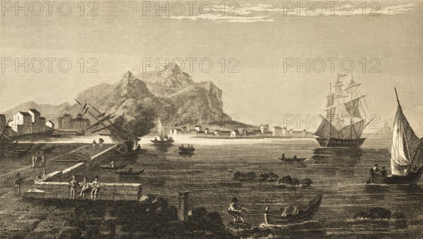 Messina, Sicily, Italy, busy shipping, three-master, mountains, pier, buildings on the shore,