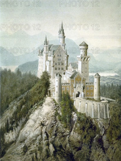 Neuschwanstein Castle, Painting by Adolf Hitler (1889-1945), Historical, digitally restored