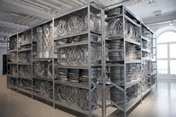 Fencing and steel shelves, Acropolis Redux, Stathis Logothetis, installation by the conceptual