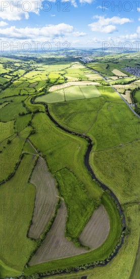 Vertical panorama of Farms and Fields over Cononley and River Aire from a drone, Keighley, North