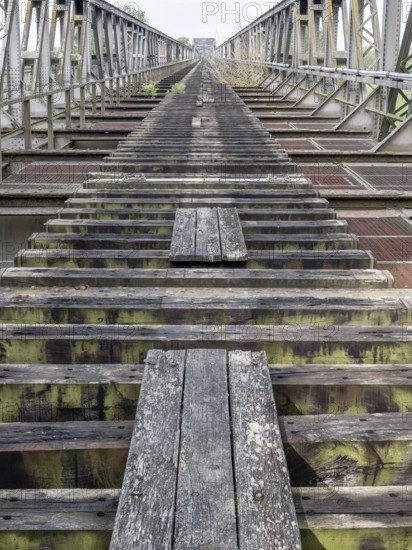 Abandoned railway bridge over the Elbe near Barby, lost place, steel truss bridge from the 1870s on